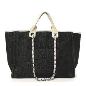 Chanel Woven Raffia Denim Large Deauville Tote Black White Shopper Shoulder Bag